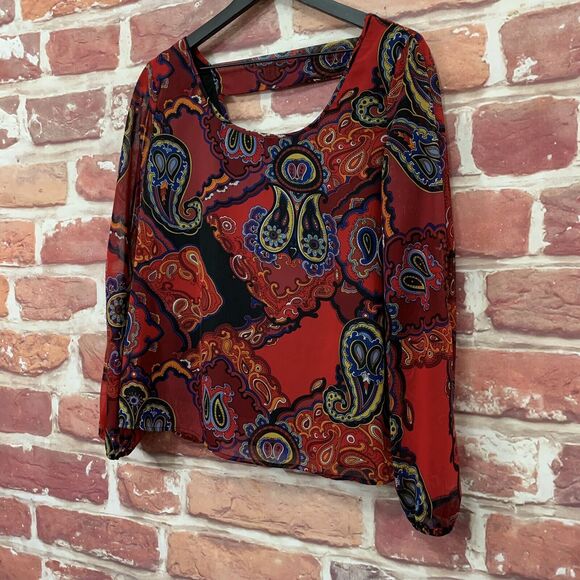 Vintage Sunny Leigh Top Women's Large Red Multicolor Boho Paisley Floral Shirt - Picture 2 of 7
